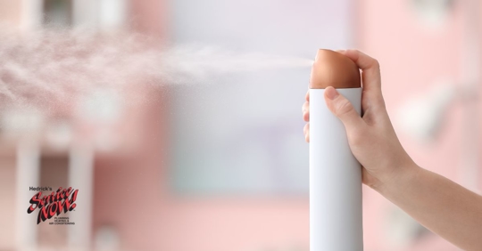 A homeowner spraying air freshener.